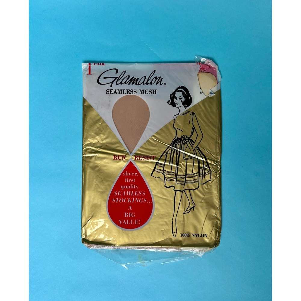 Vintage 1960s Glamalon Seamless Mesh Stockings Deadstock Run‎ Resist Nylon Tan